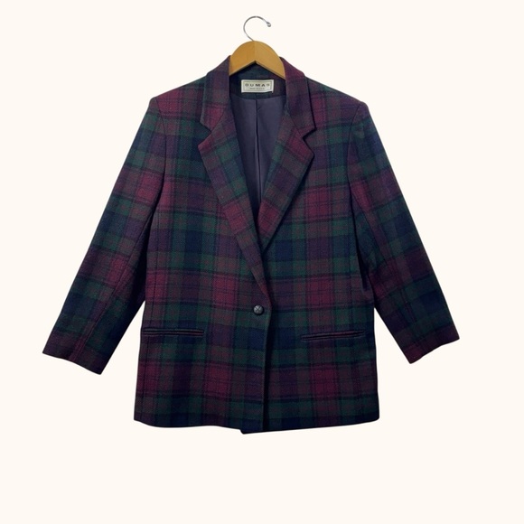 Vintage Dumas Wool Plaid Blazer Burgundy Green Tartan Jacket large Academia - Picture 3 of 11